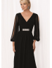 V Neckline Black Pleated Chiffon Mother Dress